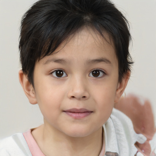 Joyful white child female with short  brown hair and brown eyes