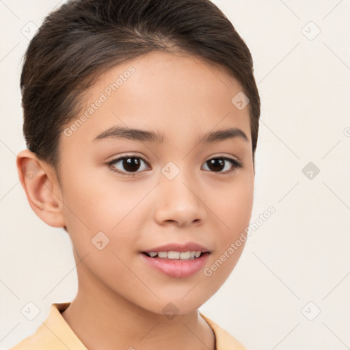 Joyful white child female with short  brown hair and brown eyes