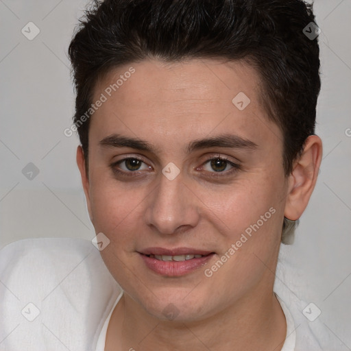 Joyful white young-adult female with short  brown hair and brown eyes