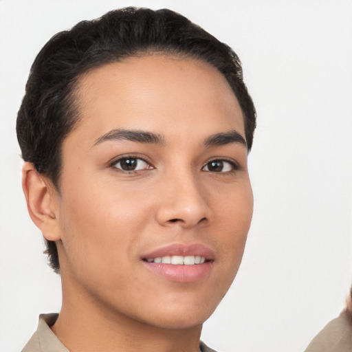 Joyful white young-adult female with short  brown hair and brown eyes