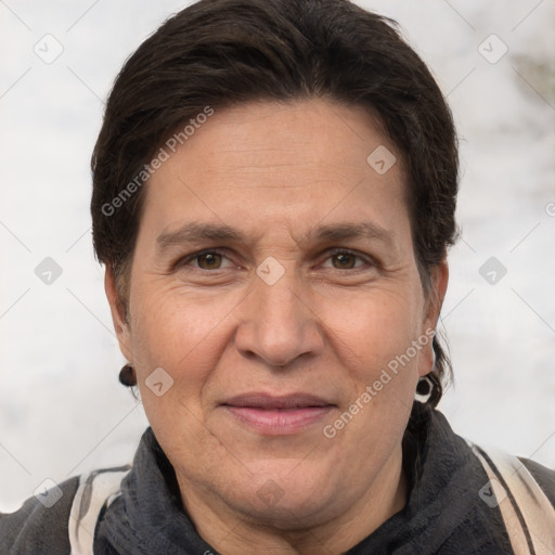 Joyful white adult female with short  brown hair and brown eyes