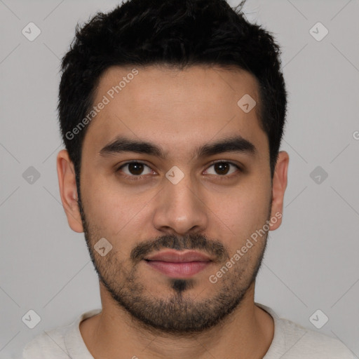 Neutral latino young-adult male with short  black hair and brown eyes