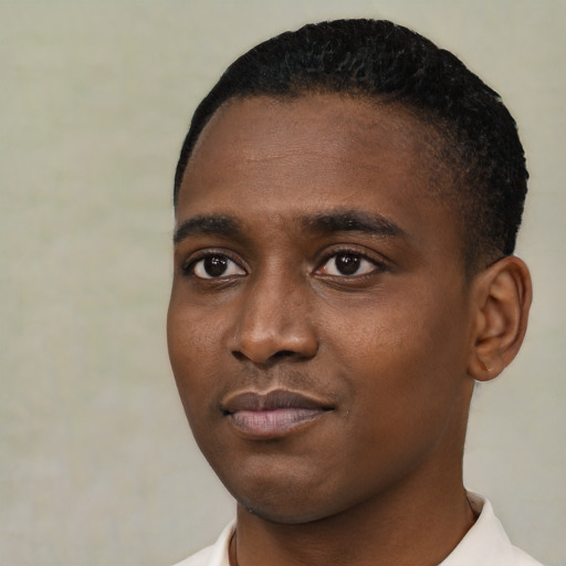 Neutral black young-adult male with short  black hair and brown eyes