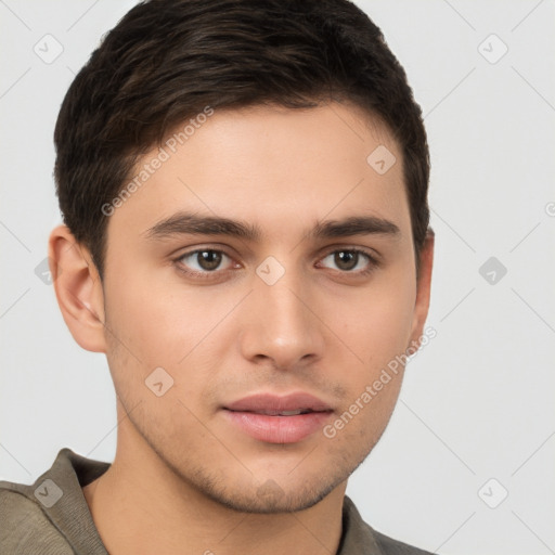 Neutral white young-adult male with short  brown hair and brown eyes