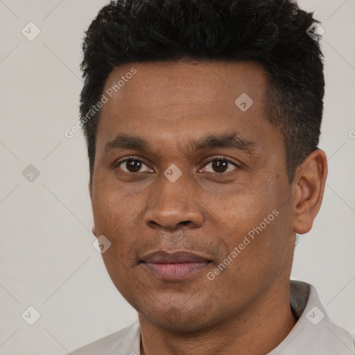 Joyful black adult male with short  black hair and brown eyes