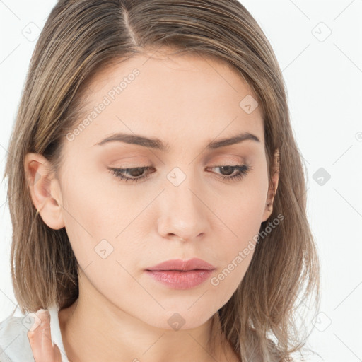 Neutral white young-adult female with medium  brown hair and brown eyes