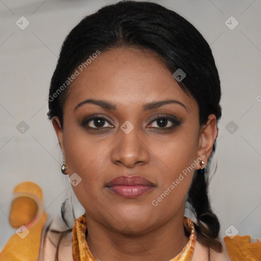 Joyful asian young-adult female with medium  brown hair and brown eyes