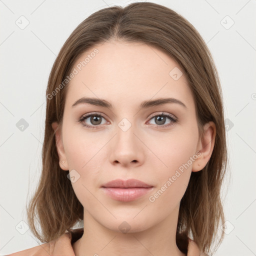 Neutral white young-adult female with medium  brown hair and grey eyes