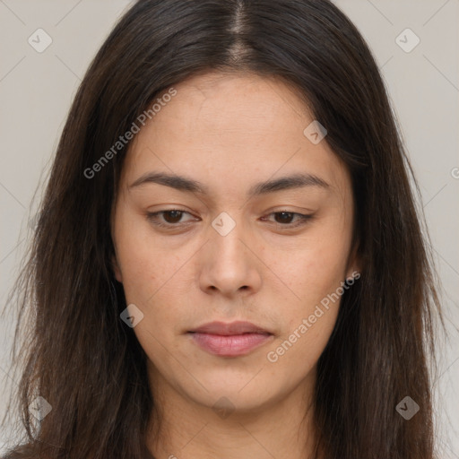 Neutral asian young-adult female with long  brown hair and brown eyes