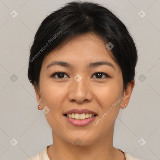 Joyful asian young-adult female with short  brown hair and brown eyes