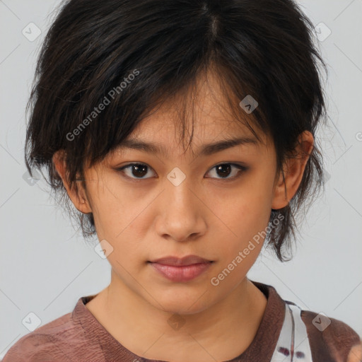 Neutral asian young-adult female with medium  brown hair and brown eyes