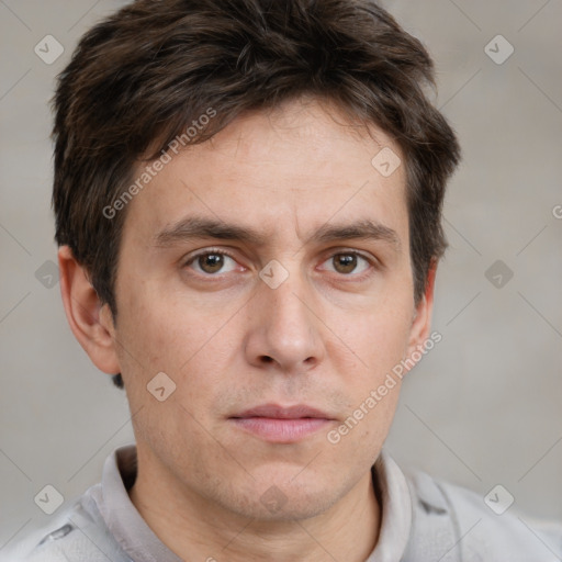 Neutral white young-adult male with short  brown hair and grey eyes