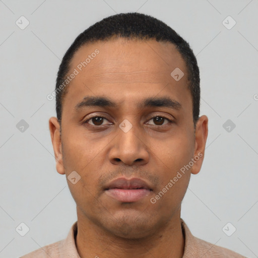 Neutral latino young-adult male with short  black hair and brown eyes