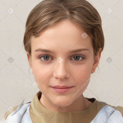 Joyful white child female with short  brown hair and brown eyes