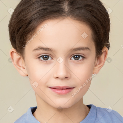 Joyful white child female with short  brown hair and brown eyes