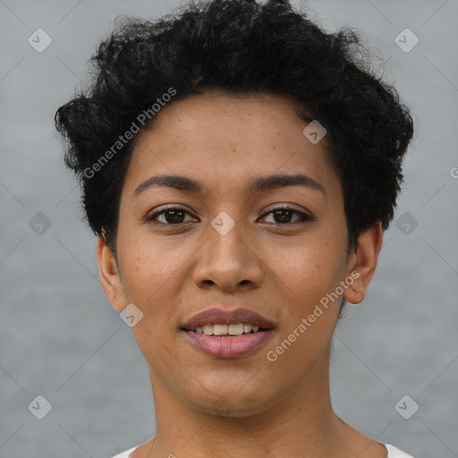 Joyful latino young-adult female with short  brown hair and brown eyes