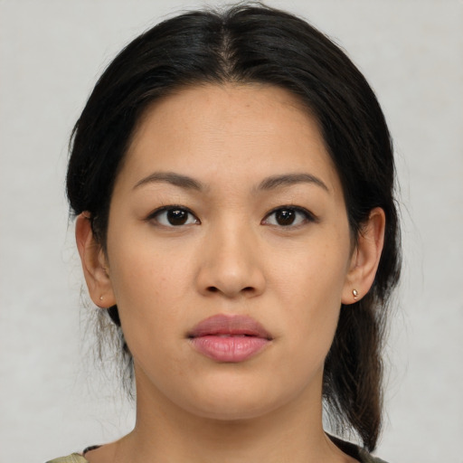 Neutral asian young-adult female with medium  black hair and brown eyes