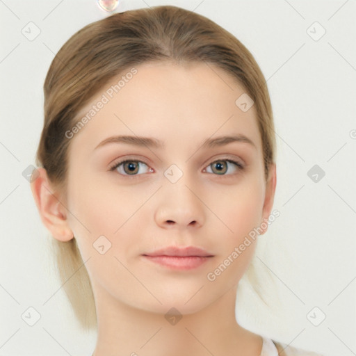 Neutral white young-adult female with medium  brown hair and grey eyes