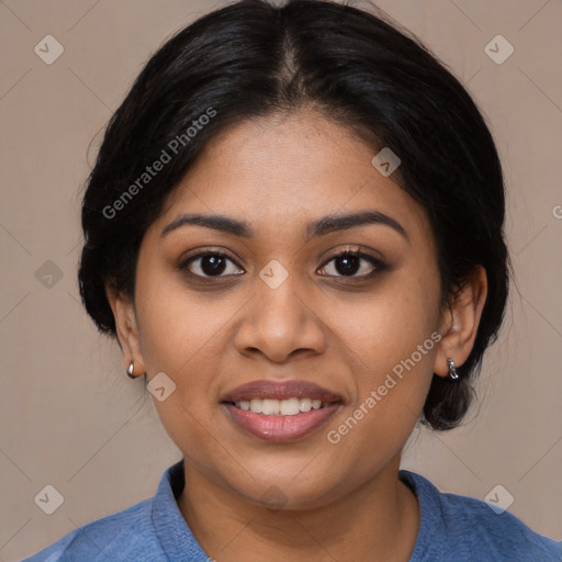 Joyful latino young-adult female with medium  black hair and brown eyes