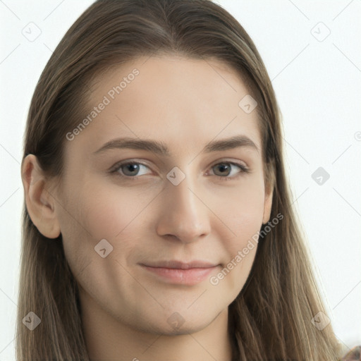 Neutral white young-adult female with long  brown hair and grey eyes