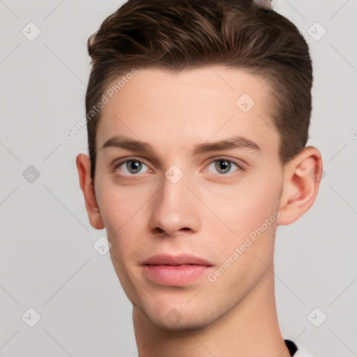 Neutral white young-adult male with short  brown hair and brown eyes