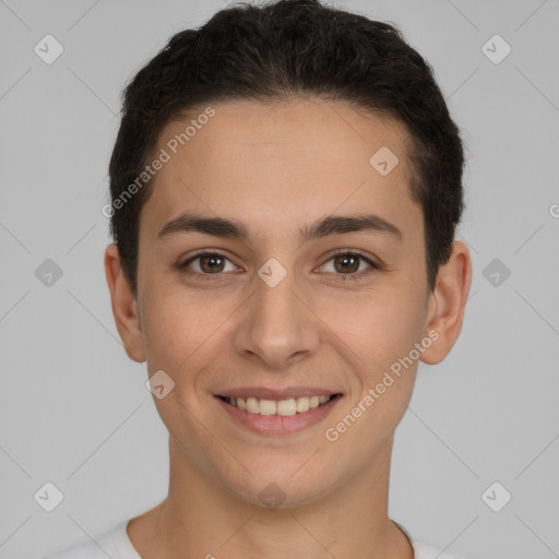 Joyful white young-adult female with short  brown hair and brown eyes