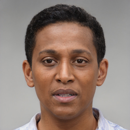Joyful latino young-adult male with short  brown hair and brown eyes