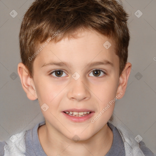 Joyful white child male with short  brown hair and brown eyes