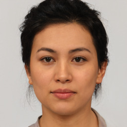 Neutral asian young-adult female with short  brown hair and brown eyes