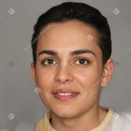 Joyful white young-adult female with short  brown hair and brown eyes