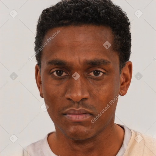 Neutral black young-adult male with short  black hair and brown eyes