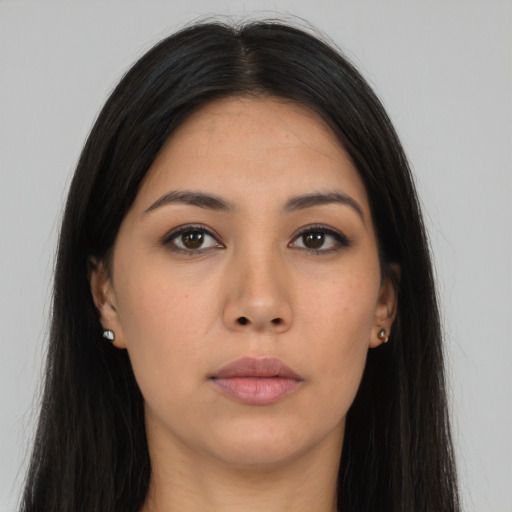 Neutral asian young-adult female with long  brown hair and brown eyes