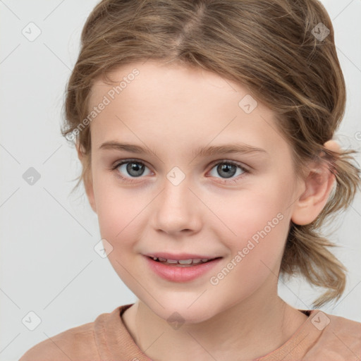 Joyful white child female with medium  brown hair and brown eyes