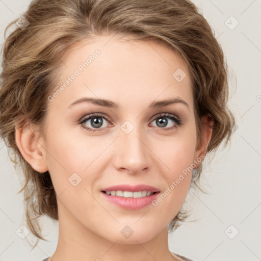 Joyful white young-adult female with medium  brown hair and green eyes