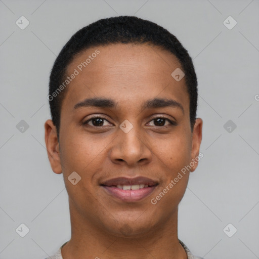 Joyful latino young-adult male with short  brown hair and brown eyes