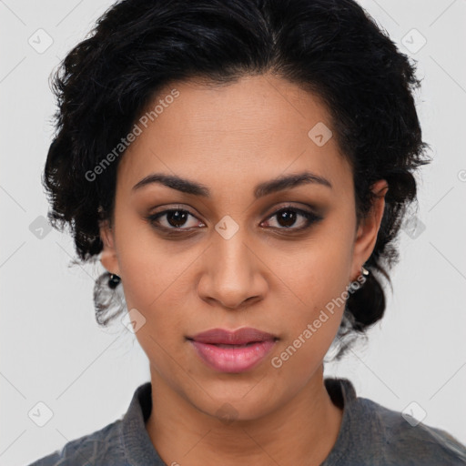 Joyful latino young-adult female with medium  black hair and brown eyes