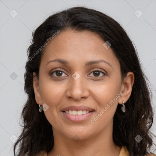 Joyful latino young-adult female with long  brown hair and brown eyes