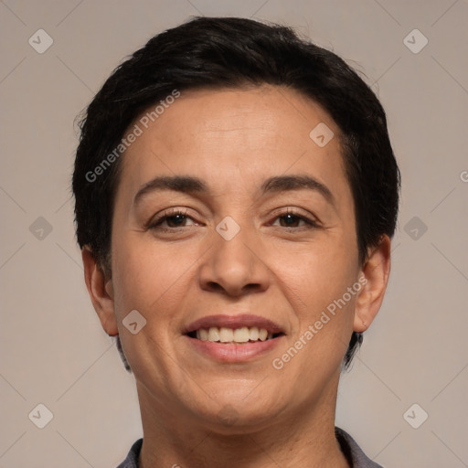 Joyful white adult female with short  brown hair and brown eyes