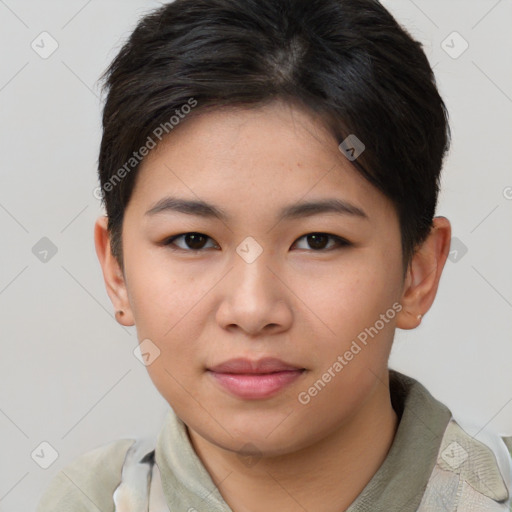 Joyful asian young-adult female with short  brown hair and brown eyes