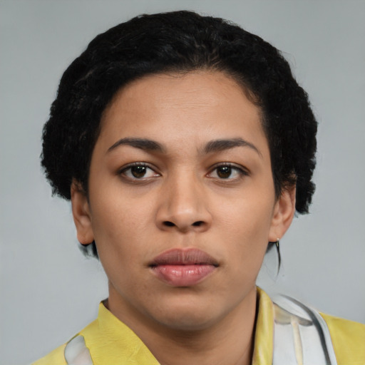 Neutral latino young-adult female with short  black hair and brown eyes