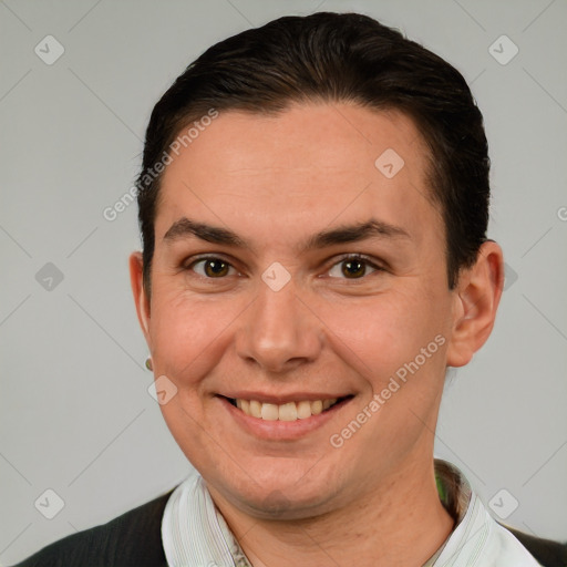 Joyful white young-adult female with short  brown hair and brown eyes