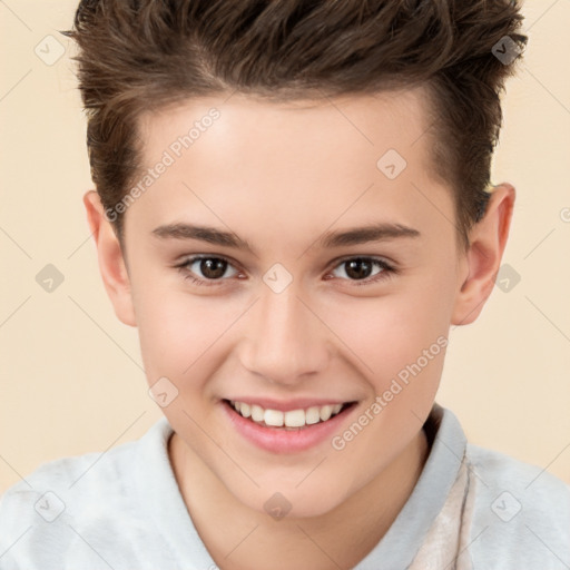 Joyful white child female with short  brown hair and brown eyes