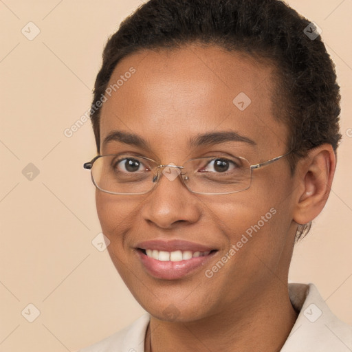 Joyful white young-adult female with short  brown hair and brown eyes