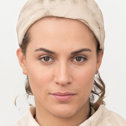 Neutral white young-adult female with short  brown hair and brown eyes