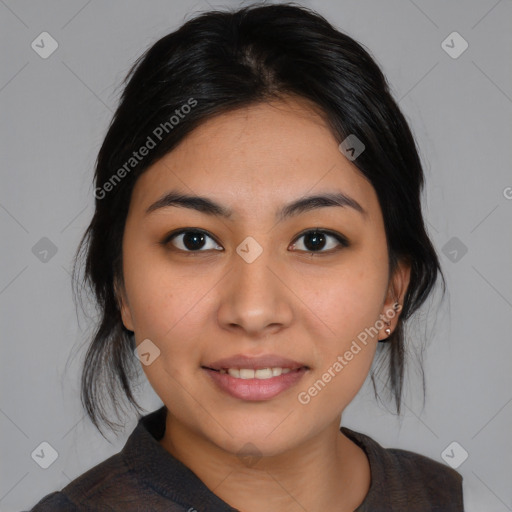 Joyful asian young-adult female with medium  black hair and brown eyes