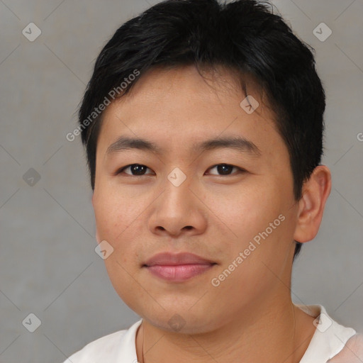 Neutral asian young-adult male with short  black hair and brown eyes