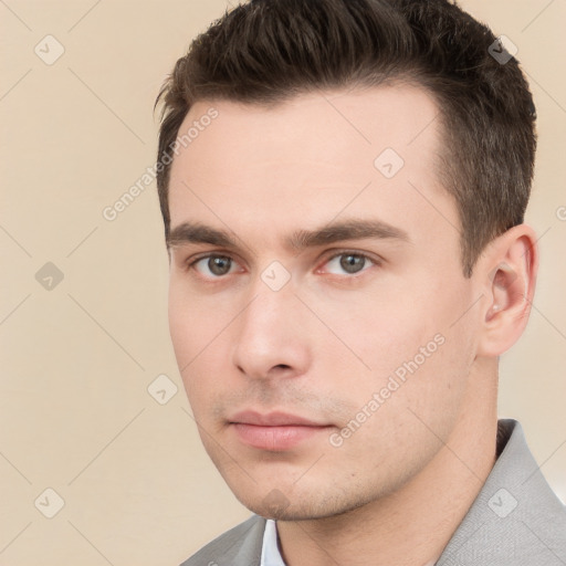 Neutral white young-adult male with short  brown hair and brown eyes