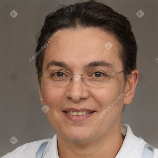 Joyful white adult female with short  brown hair and brown eyes