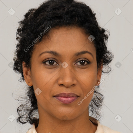 Joyful latino young-adult female with short  black hair and brown eyes