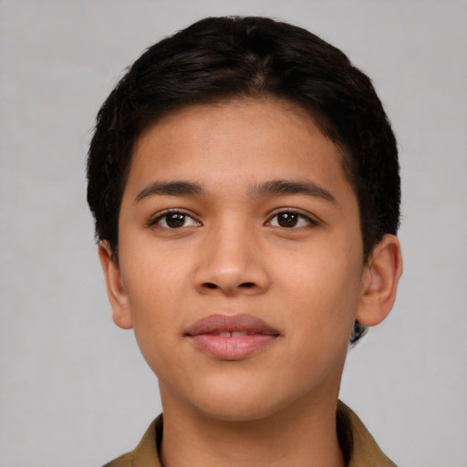 Joyful latino young-adult male with short  brown hair and brown eyes